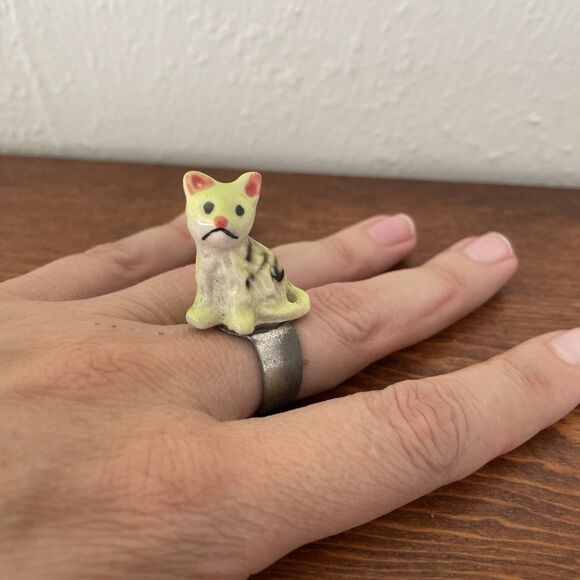 Sad Yellow Tabby Cat Ceramic Ring Grumpy Neon‎ OOAK Adjustable Band Maximalism - Picture 1 of 8